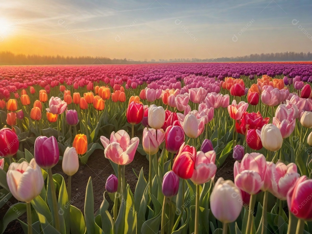 Campo de tulipas em vários tons, iluminado pela luz suave do sol da manhã. Isso pode evocar uma sensação de frescor e renovação.