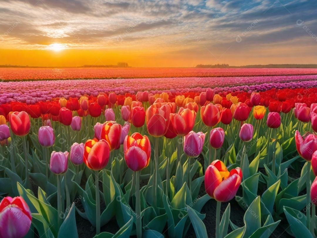 Campo de tulipas em vários tons, iluminado pela luz suave do sol da manhã. Isso pode evocar uma sensação de frescor e renovação.