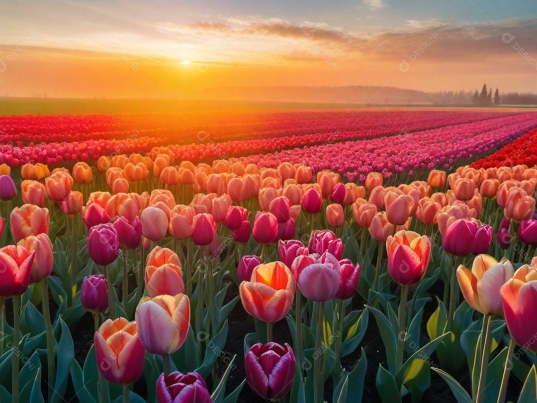 Campo de tulipas em vários tons, iluminado pela luz suave do sol da manhã. Isso pode evocar uma sensação de frescor e renovação.