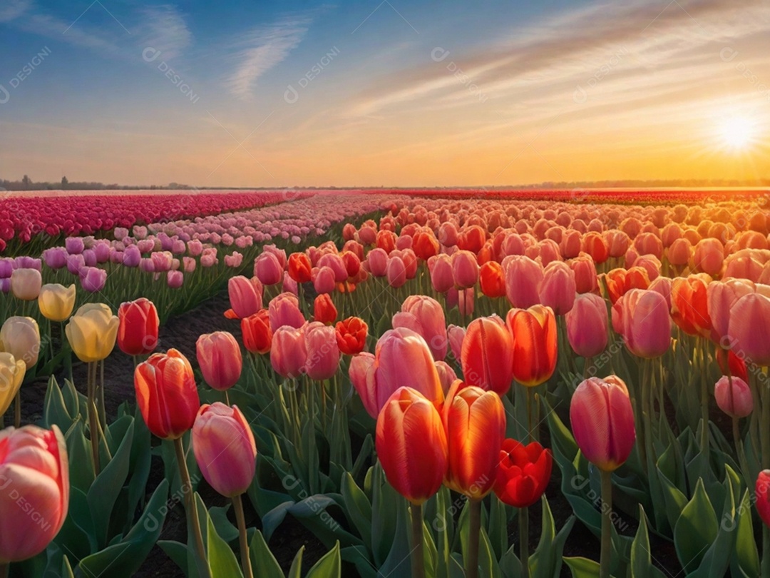 Campo de tulipas em vários tons, iluminado pela luz suave do sol da manhã. Isso pode evocar uma sensação de frescor e renovação.