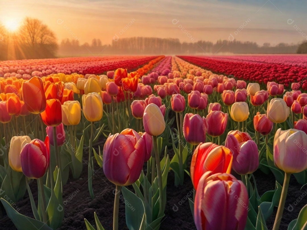 Campo de tulipas em vários tons, iluminado pela luz suave do sol da manhã. Isso pode evocar uma sensação de frescor e renovação.