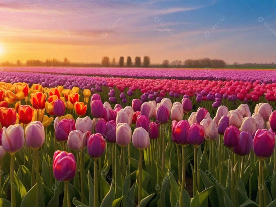 Campo de tulipas em vários tons, iluminado pela luz suave do sol da manhã. Isso pode evocar uma sensação de frescor e renovação.