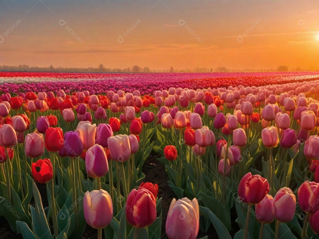 Campo de tulipas em vários tons, iluminado pela luz suave do sol da manhã. Isso pode evocar uma sensação de frescor e renovação.