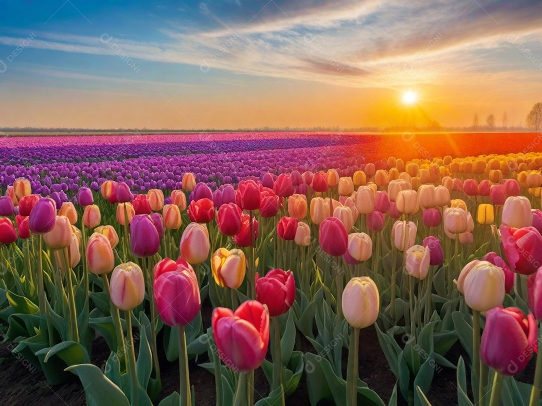 Campo de tulipas em vários tons, iluminado pela luz suave do sol da manhã. Isso pode evocar uma sensação de frescor e renovação.