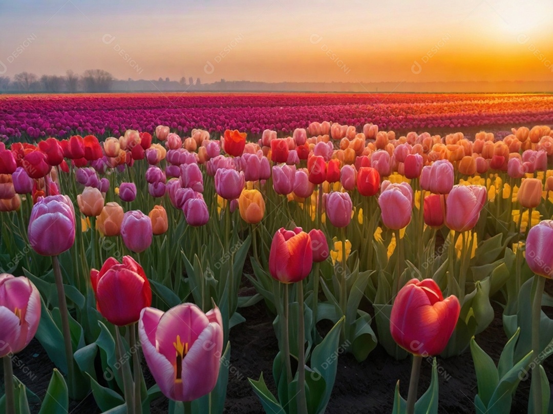 Campo de tulipas em vários tons, iluminado pela luz suave do sol da manhã. Isso pode evocar uma sensação de frescor e renovação.