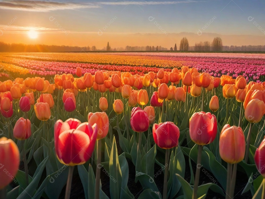Campo de tulipas em vários tons, iluminado pela luz suave do sol da manhã. Isso pode evocar uma sensação de frescor e renovação.