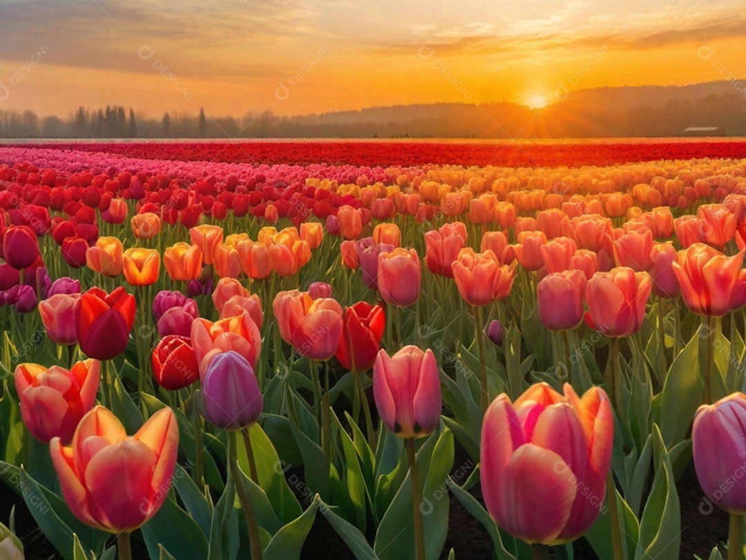 Campo de tulipas em vários tons, iluminado pela luz suave do sol da manhã. Isso pode evocar uma sensação de frescor e renovação.