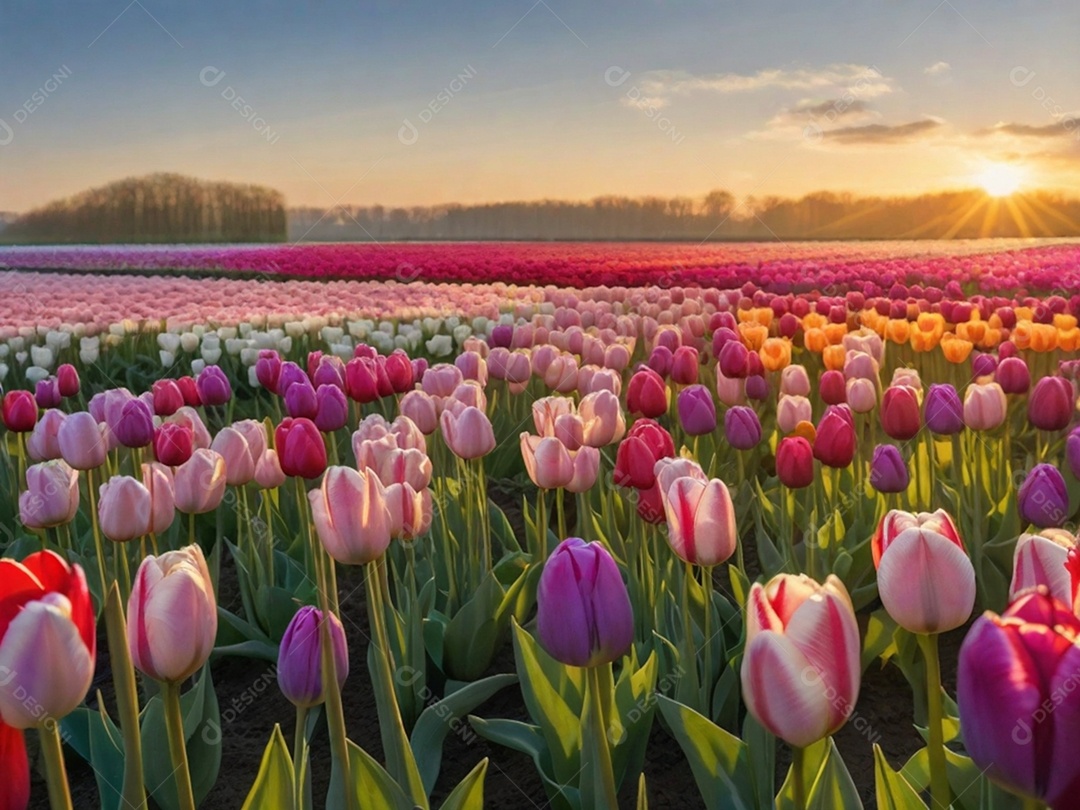 Campo de tulipas em vários tons, iluminado pela luz suave do sol da manhã. Isso pode evocar uma sensação de frescor e renovação.