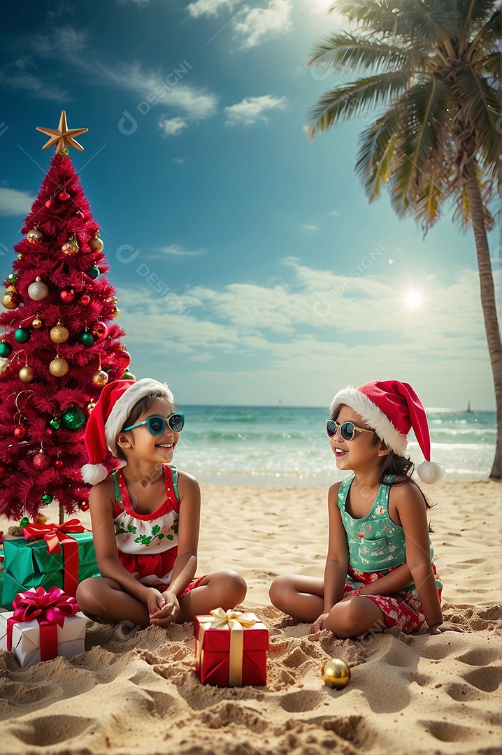 Natal crianças sorridentes usando óculos de sol na praia árvore de natal e presentes ao fundo IA generativa