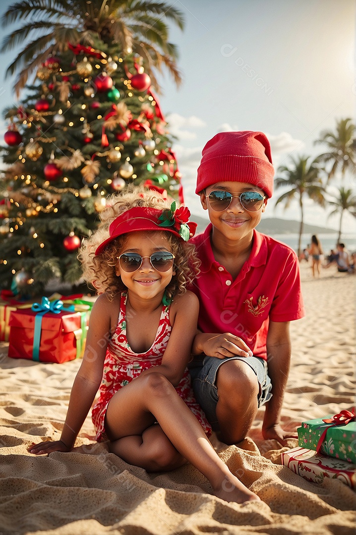 Natal crianças sorridentes usando óculos de sol na praia árvore de natal e presentes ao fundo IA generativa