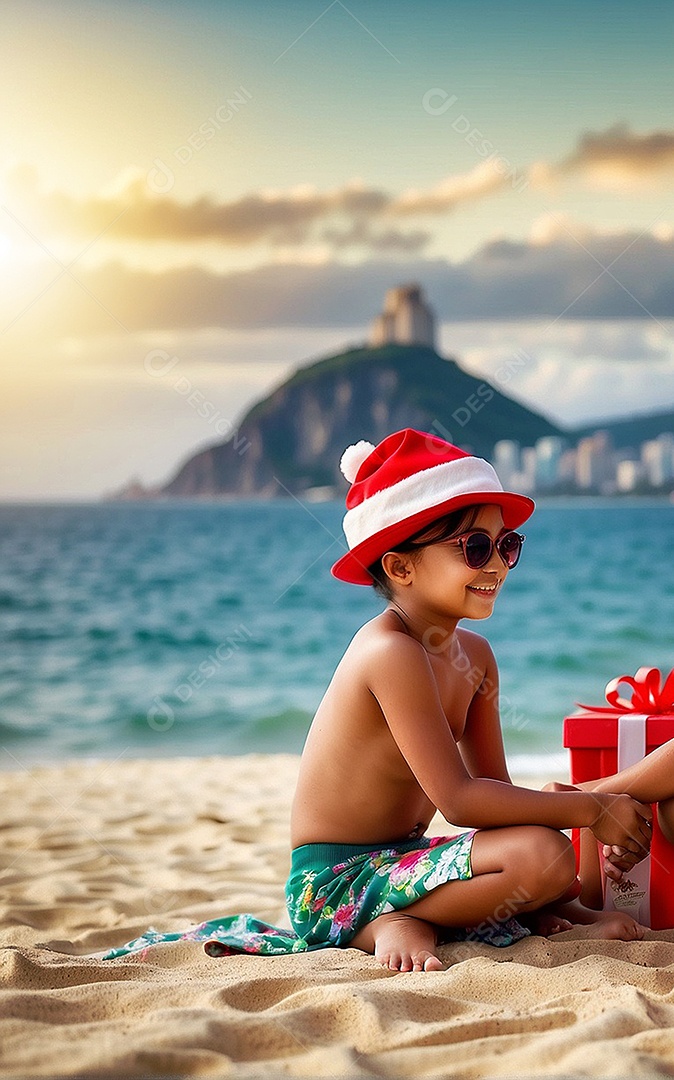 Natal crianças sorridentes usando óculos de sol na praia árvore de natal e presentes ao fundo IA generativa