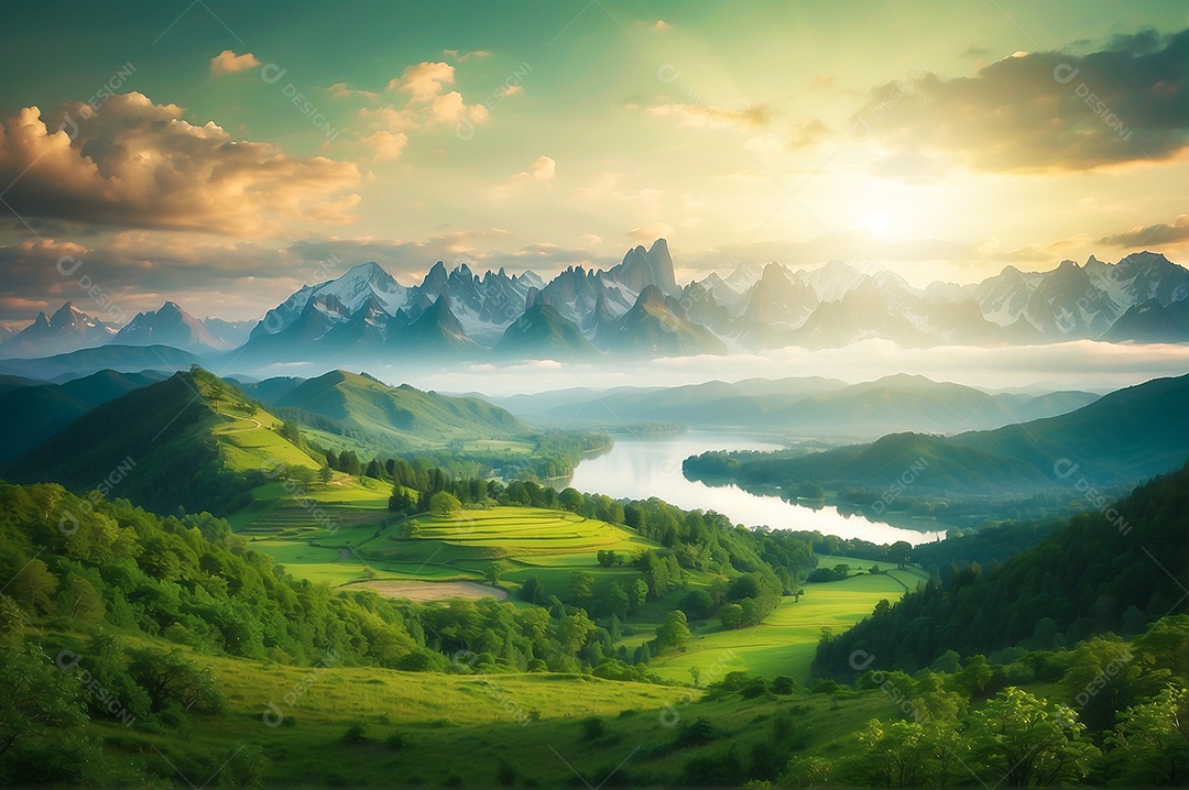 Paisagens pacíficas e cinematográficas no verão com céu nublado e natureza IA generativa