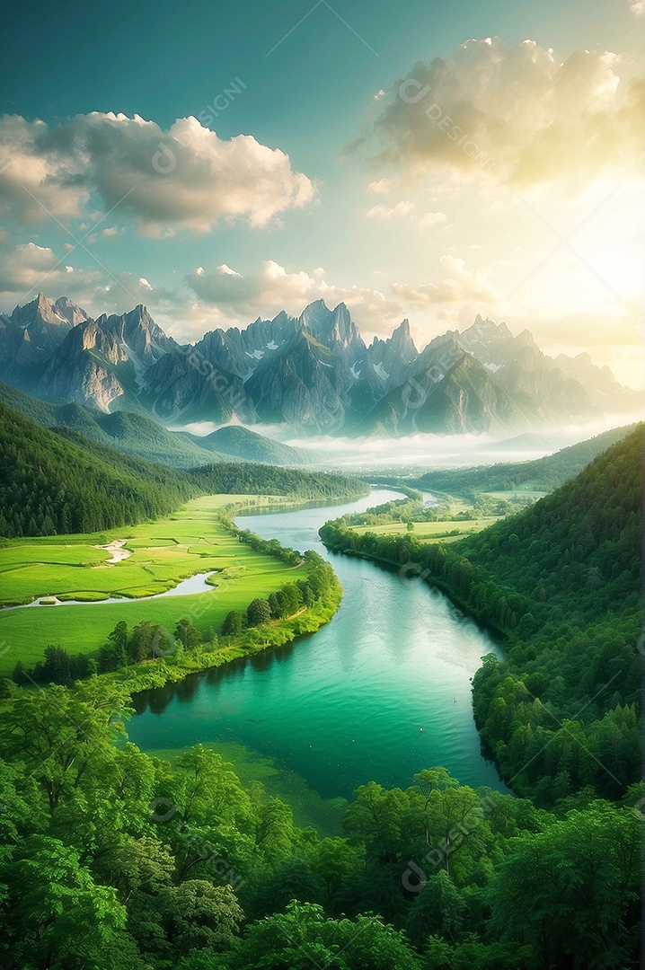 Paisagens pacíficas e cinematográficas no verão com céu nublado e natureza IA generativa