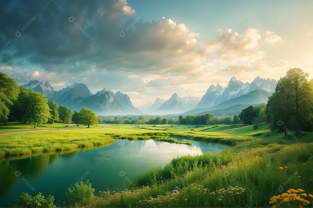 Paisagens pacíficas e cinematográficas no verão com céu nublado e natureza IA generativa