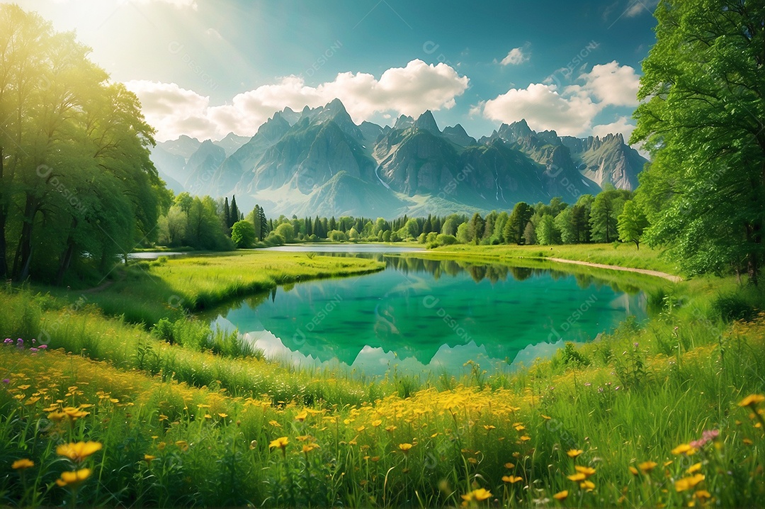 Paisagens pacíficas e cinematográficas no verão com céu nublado e natureza IA generativa