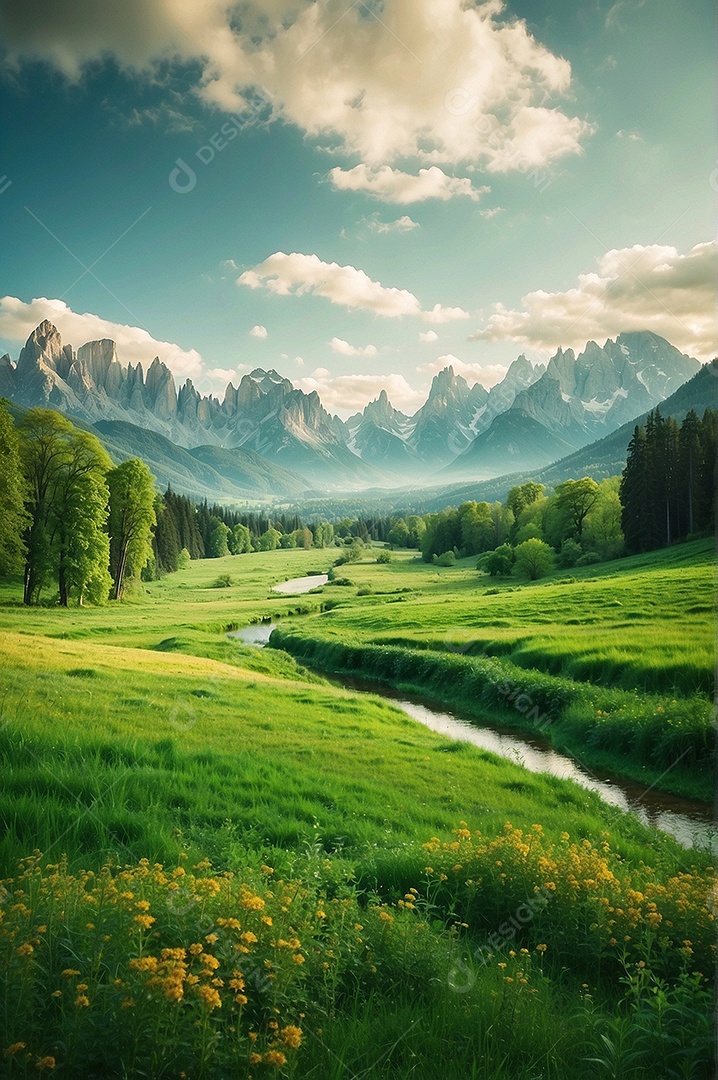 Paisagens pacíficas e cinematográficas no verão com céu nublado e natureza IA generativa