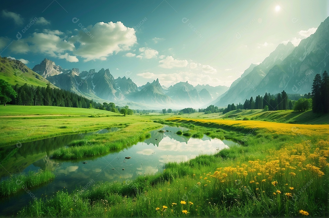 Paisagens pacíficas e cinematográficas no verão com céu nublado e natureza IA generativa