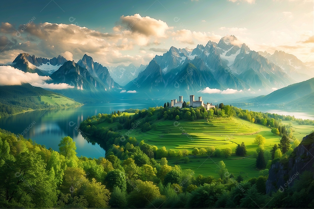 Paisagens pacíficas e cinematográficas no verão com céu nublado e natureza IA generativa