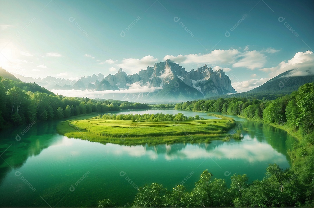 Paisagens pacíficas e cinematográficas no verão com céu nublado e natureza IA generativa