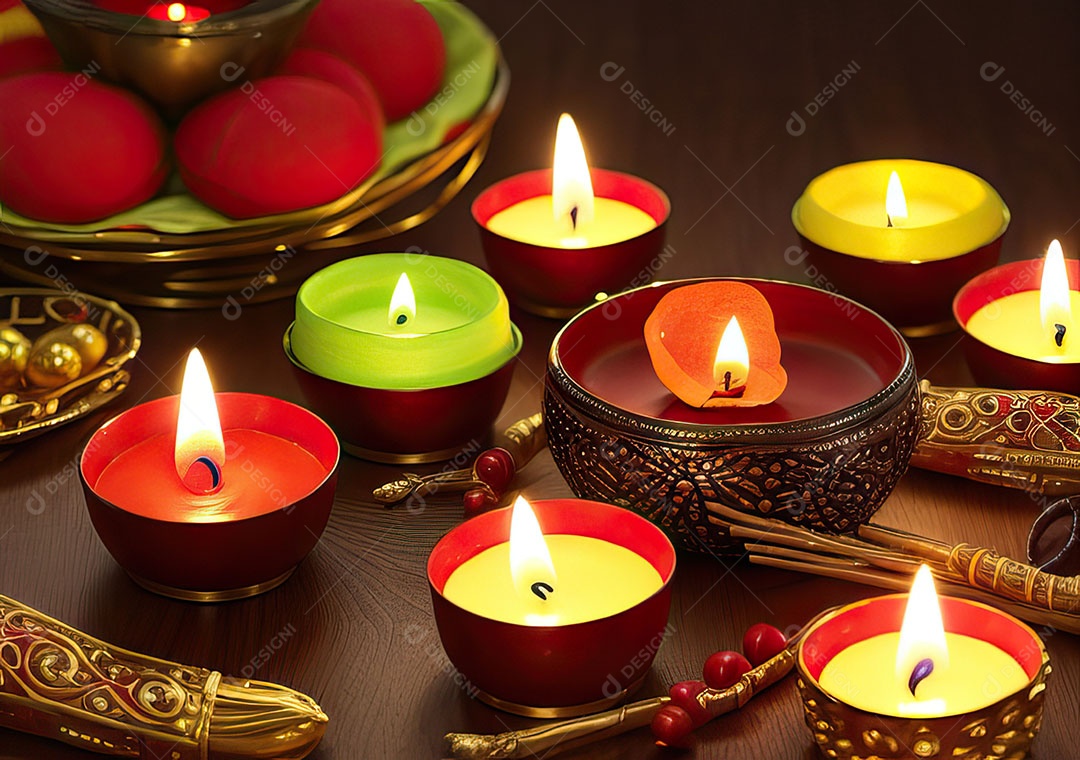 Festival com luzes de velas sobre uma mesa de madeira