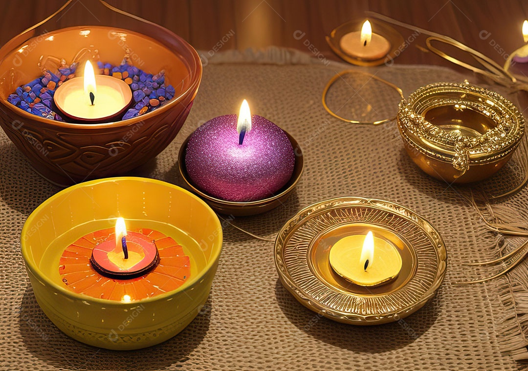 Festival com luzes de velas sobre uma mesa de madeira