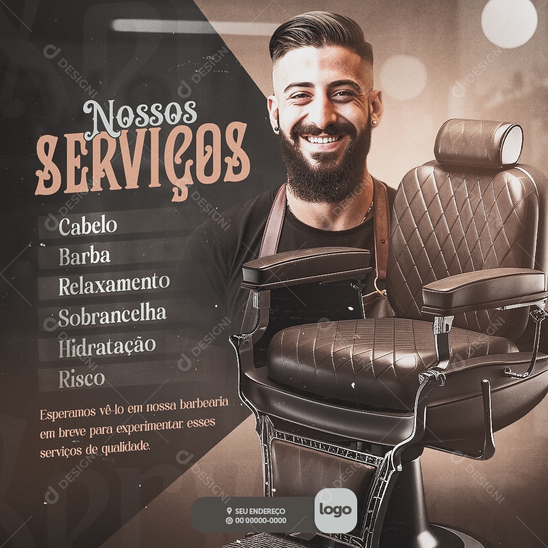 Barbearia Nossos Serviços Cabelo Barba Relaxamento Sobrancelha Hidratação Risco Social Media PSD Editável