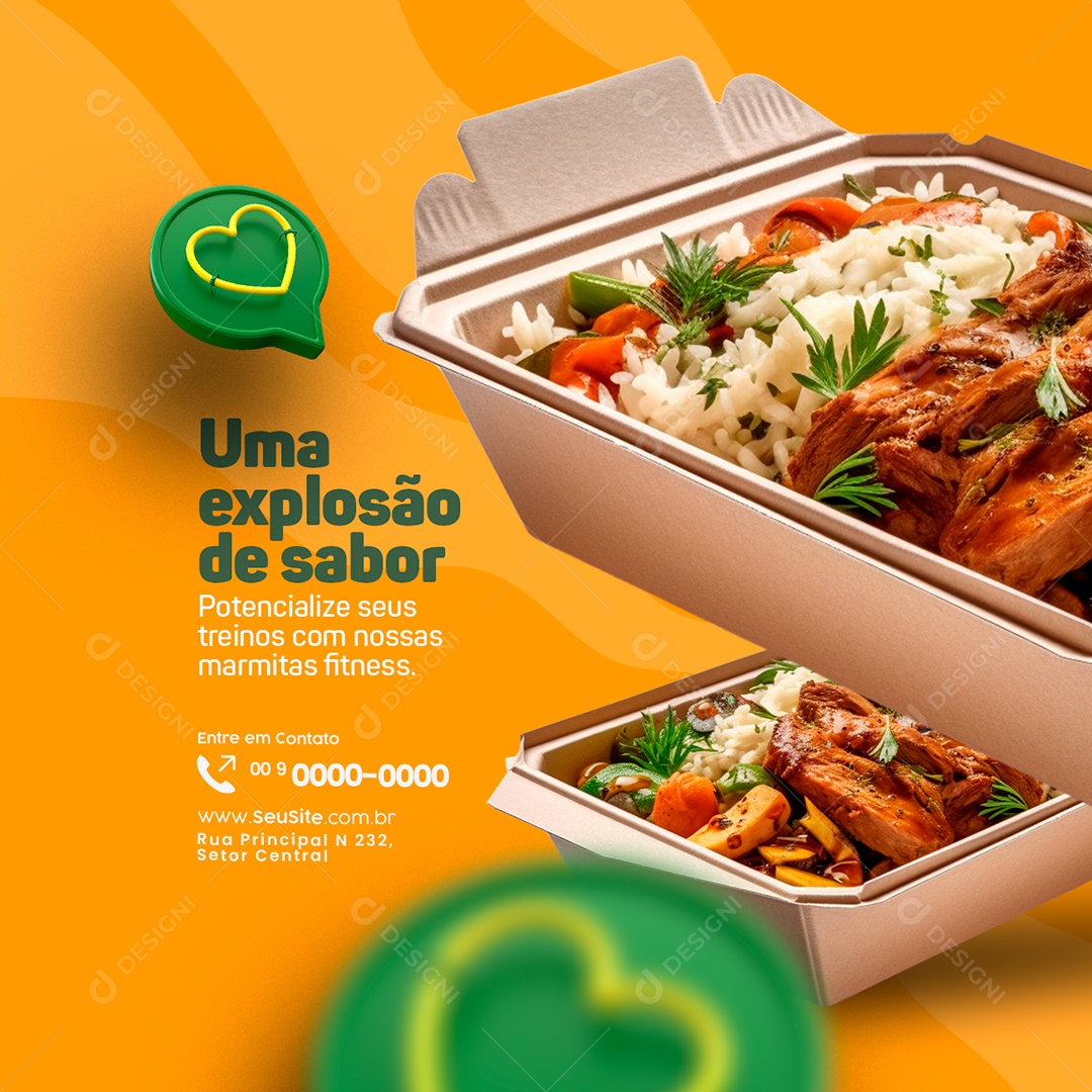 Marmitaria Restaurante Uma Explosão de Sabor Potencialize seus Treinos com nossas Marmitas Fitness Social Media PSD Editável