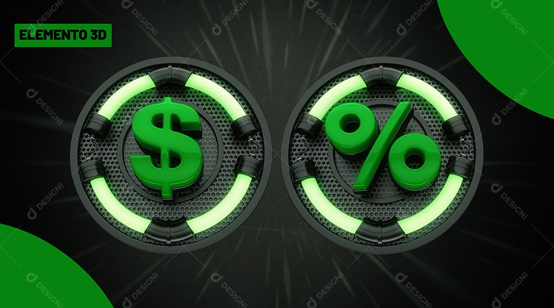 Painel com Símbolo de Cifrão e Porcentagem Elemento 3D LED Verde para Composição PSD