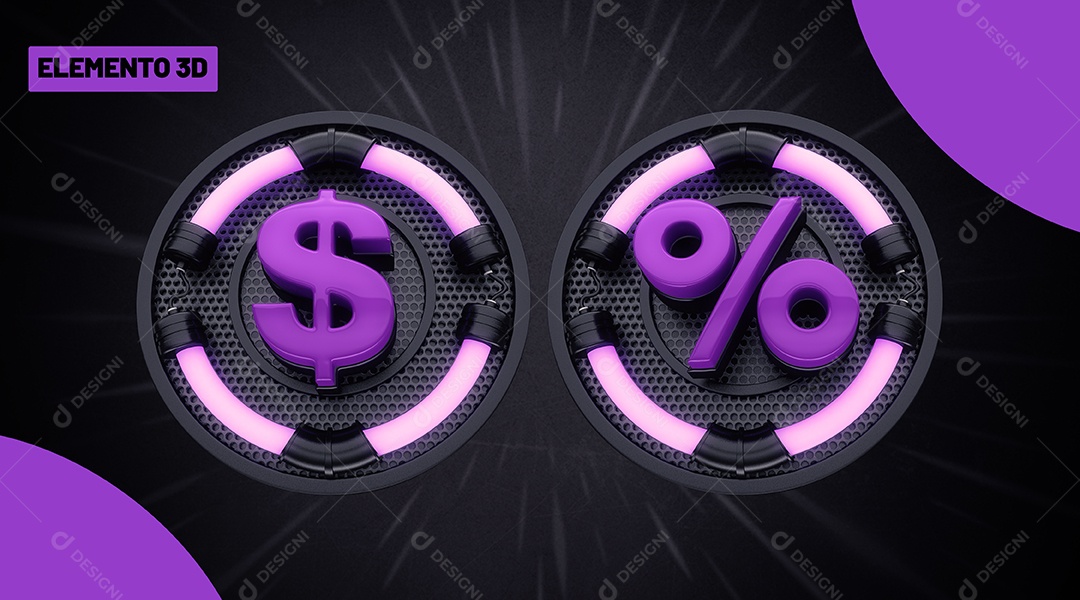 Painel com Símbolo de Cifrão e Porcentagem Elemento 3D LED Roxo para Composição PSD