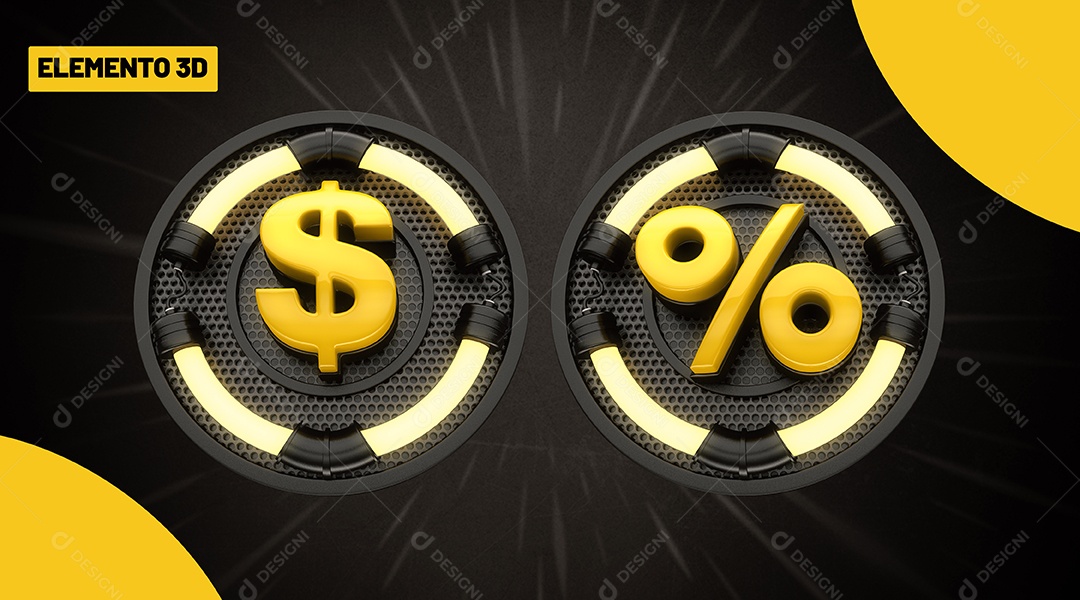 Painel com Símbolo de Cifrão e Porcentagem Elemento 3D LED Amarelo para Composição PSD