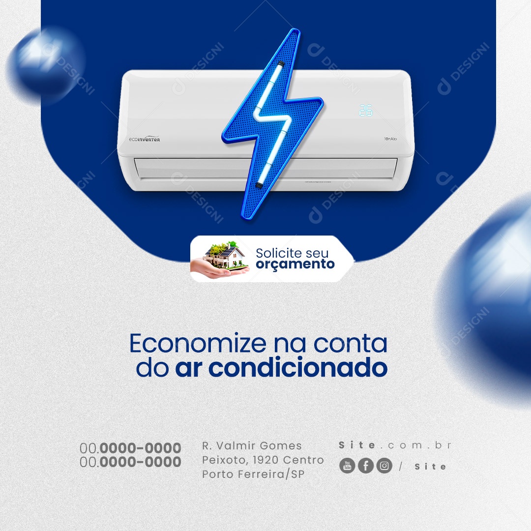 Energia Solar Economize na Conta do Ar Condicionado Solicite seu Orçamento Social Media PSD Editável