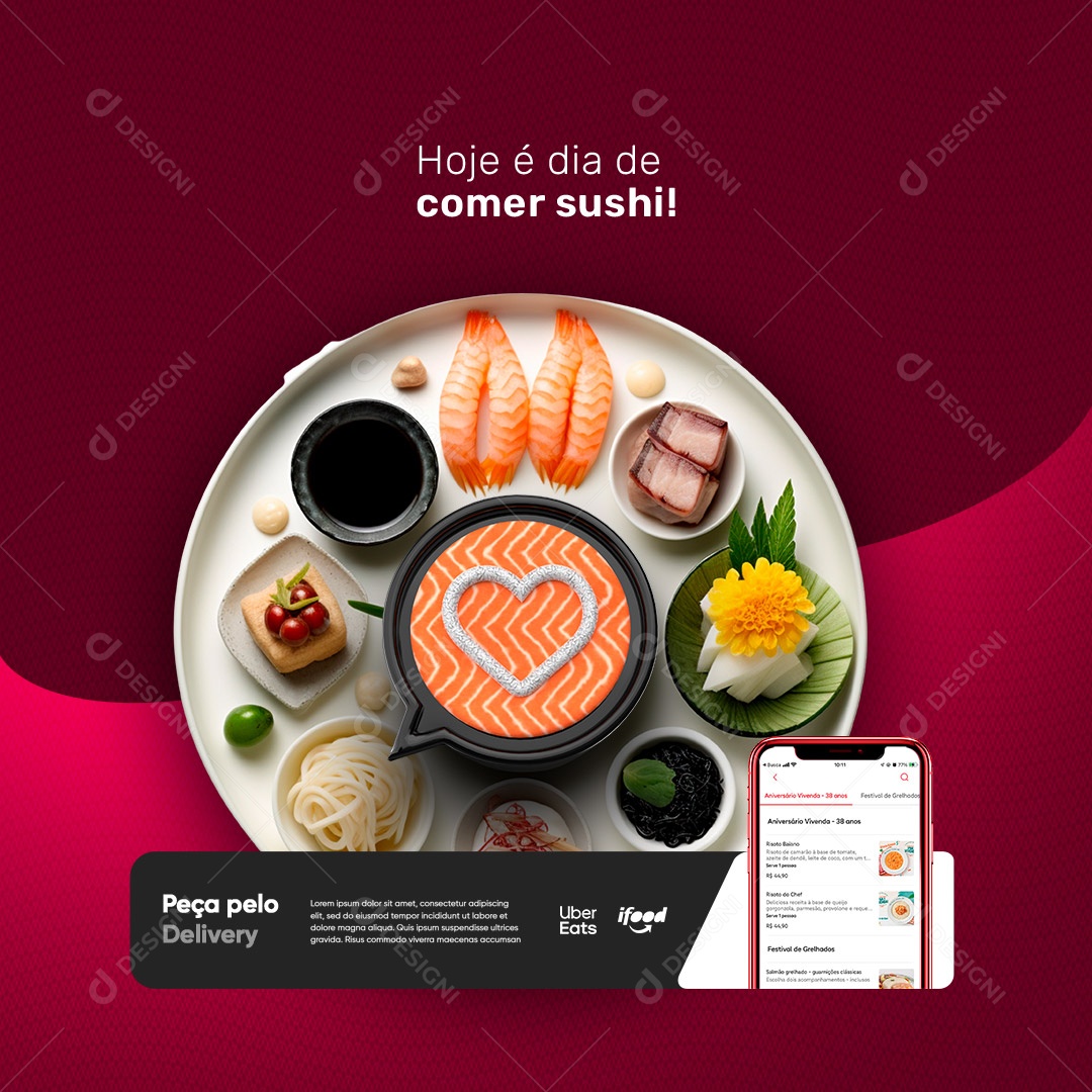 Comida Japonesa Hoje é Dia de Comer Sushi Peça pelo Delivery Social Media PSD Editável