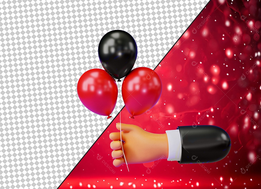 Mão Segurando Balões Bexigas Vermelhas e Pretas Elemento 3D para Composição PSD