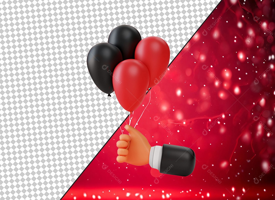 Hand Holding Red and Black Bladder Balloons 3D Element for PSD Composition