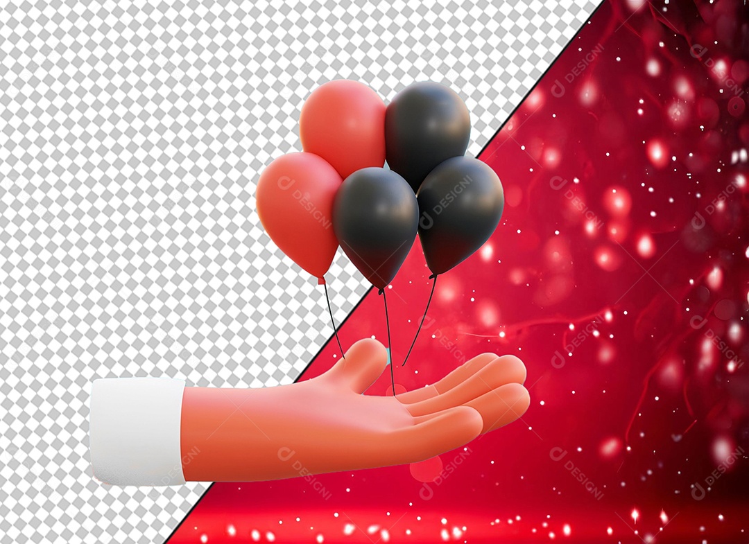 Mão Segurando Balões Bexigas Vermelhas e Pretas Elemento 3D para Composição PSD
