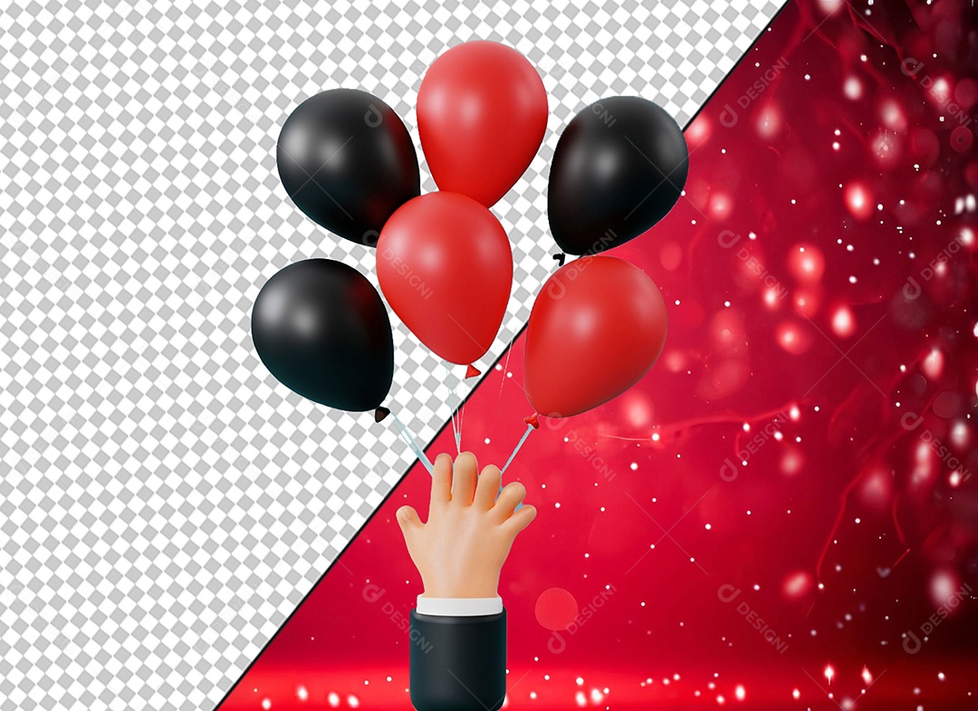 Mão Segurando Balões Bexigas Vermelhas e Pretas Elemento 3D para Composição PSD