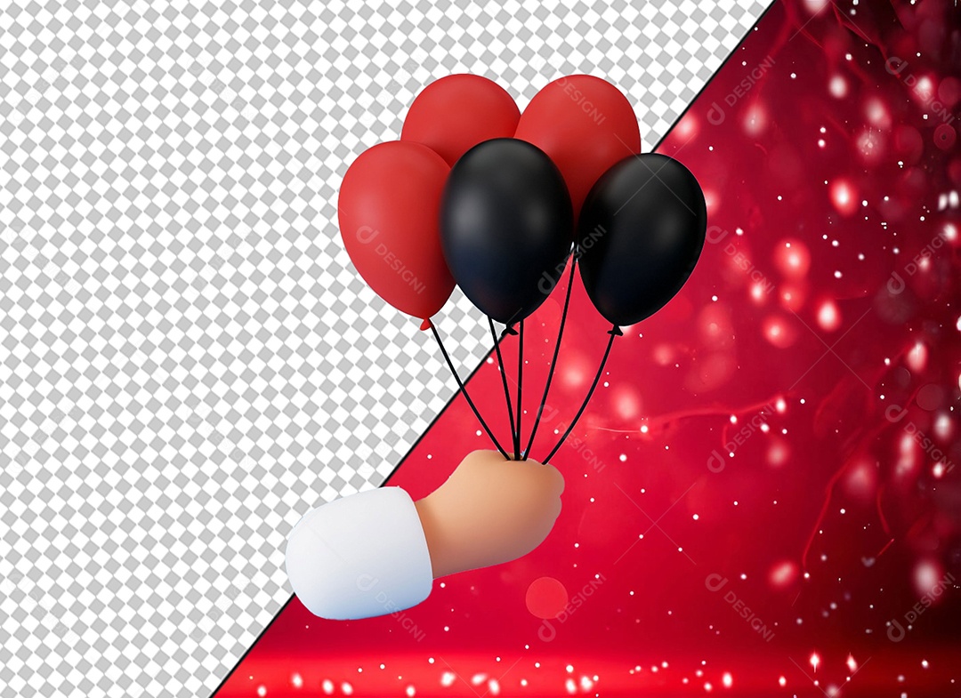 Mão Segurando Balões Bexigas Vermelhas e Pretas Elemento 3D para Composição PSD