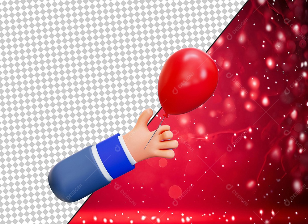 Mão Segurando Balão Bexiga Vermelho Elemento 3D para Composição PSD