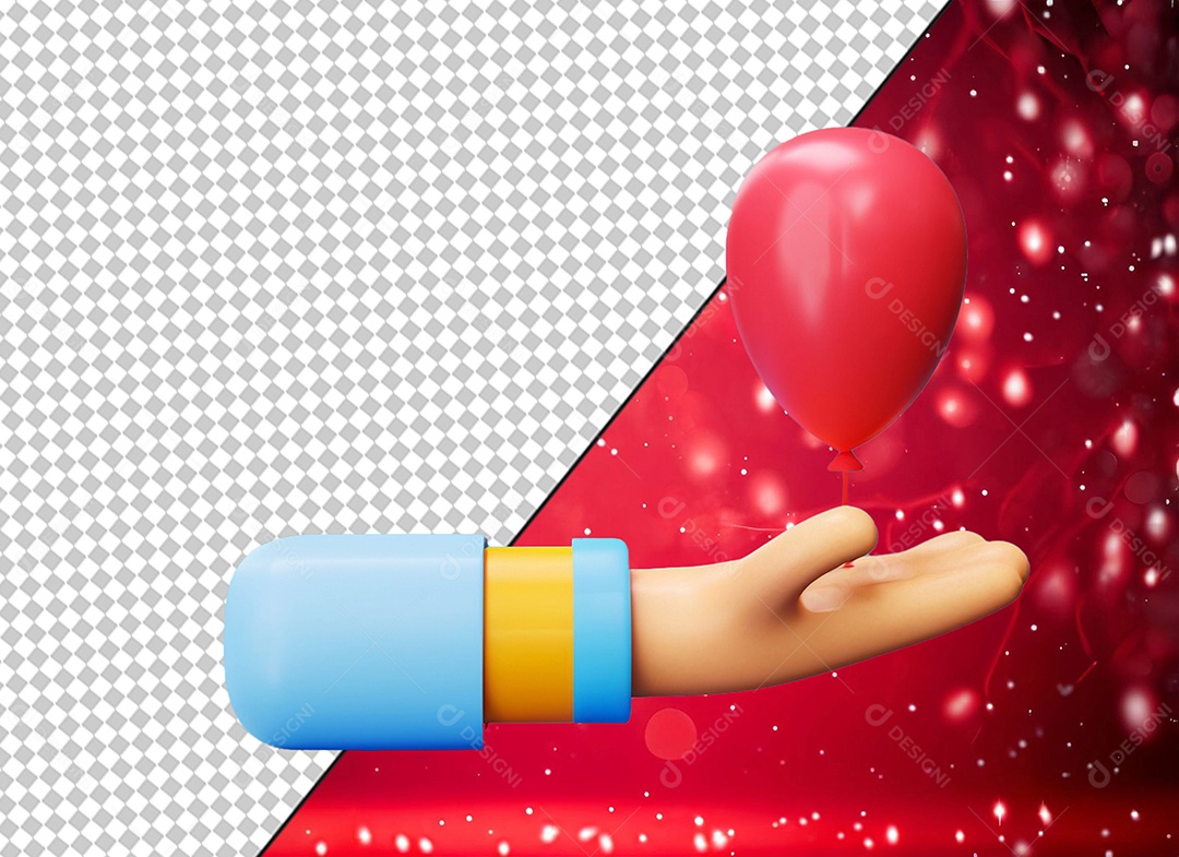 Mão Segurando Balão Bexiga Vermelho Elemento 3D para Composição PSD