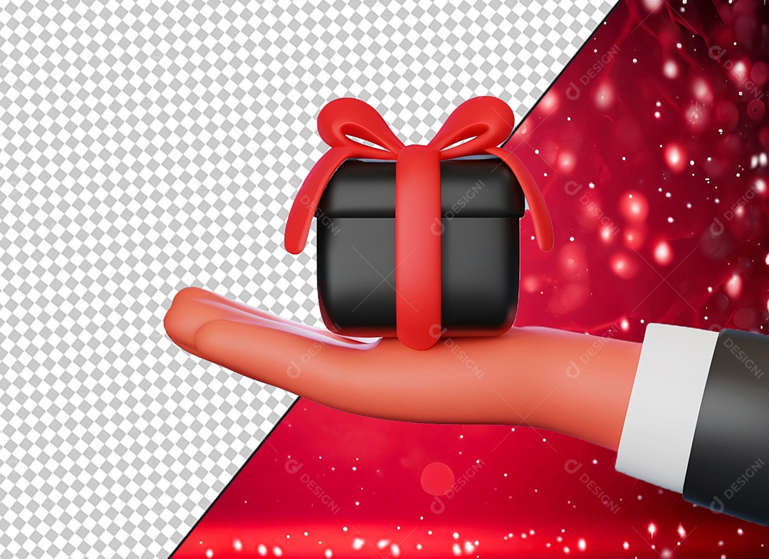 Elemento 3D Mão Segurando Caixa de Presente Preta e Vermelha para Composição PSD