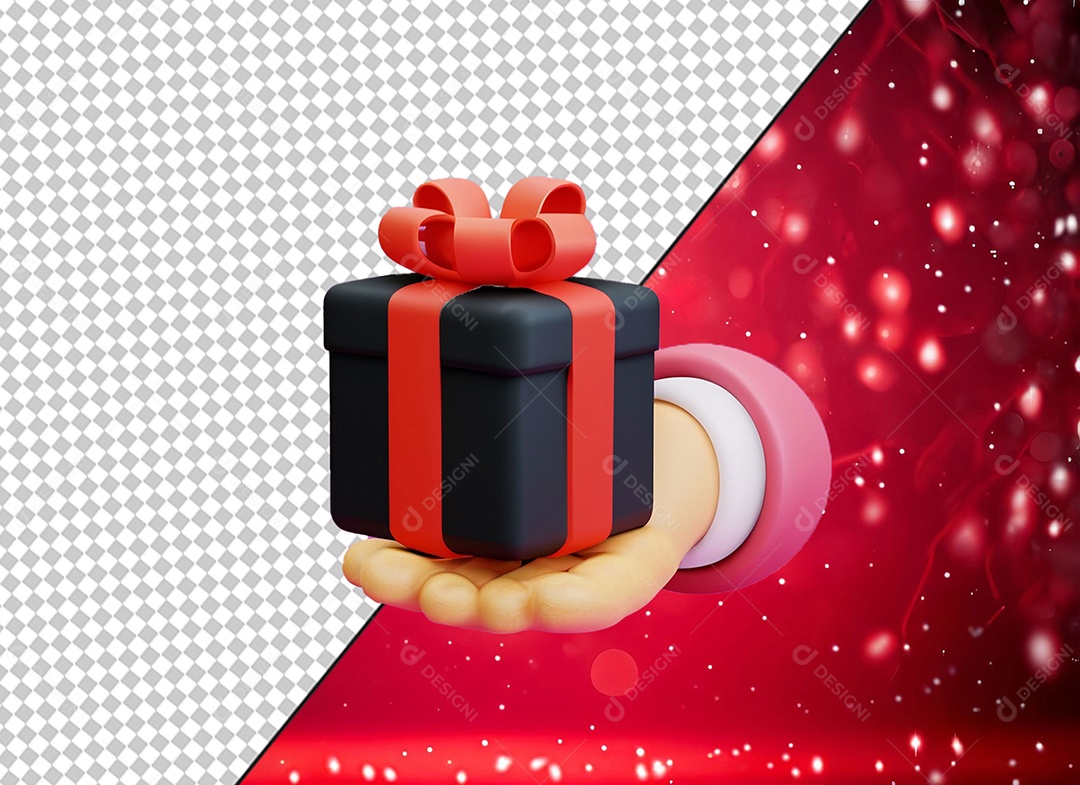 Elemento 3D Mão Segurando Caixa de Presente Preta e Vermelha para Composição PSD