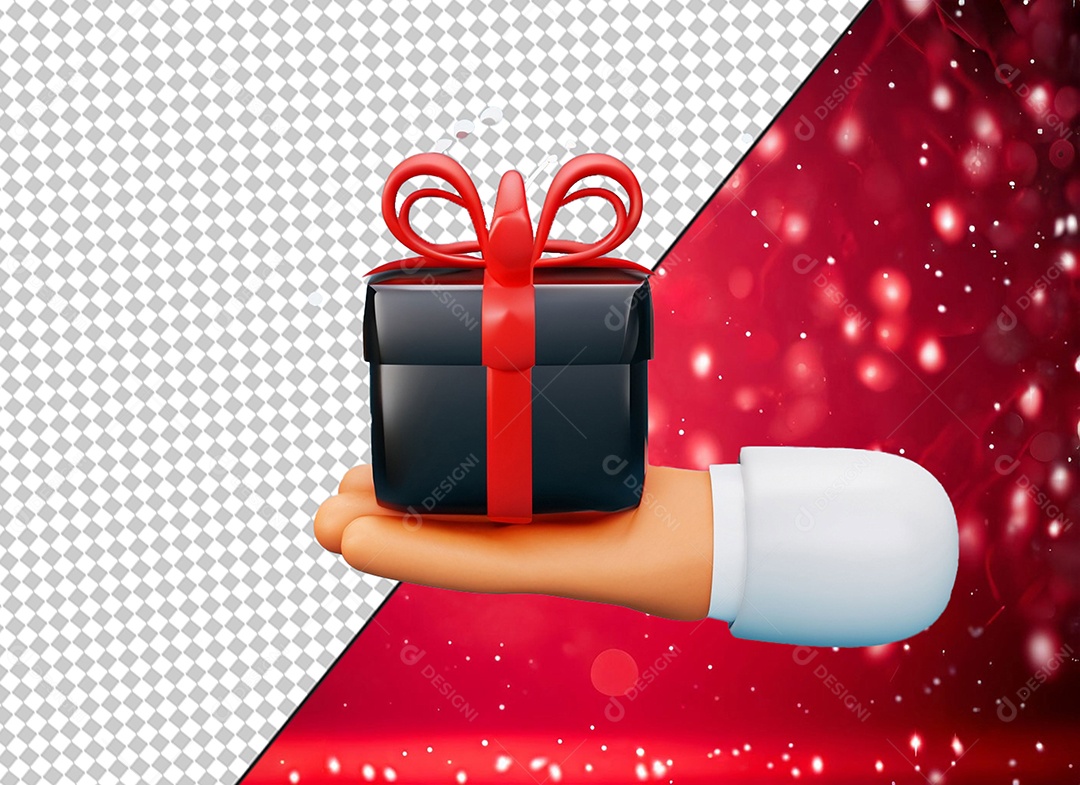 Elemento 3D Mão Segurando Caixa de Presente Preta e Vermelha para Composição PSD