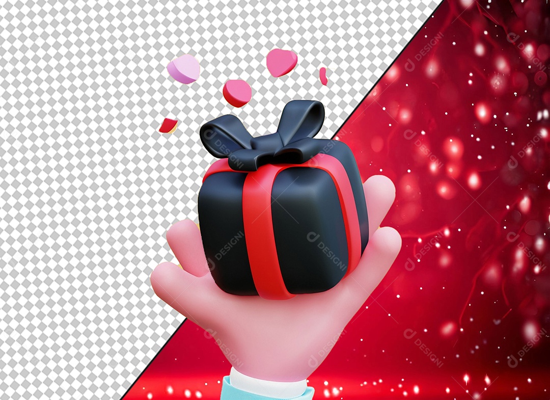 Mão Segurando Caixa de Presente Preta e Vermelha com Corações Rosas Elemento 3D para Composição PSD