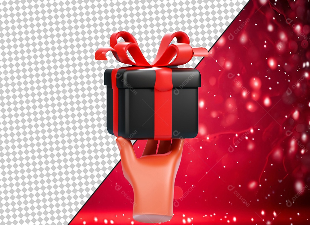 Mão Segurando Caixa de Presente Preta e Vermelha Elemento 3D para Composição PSD