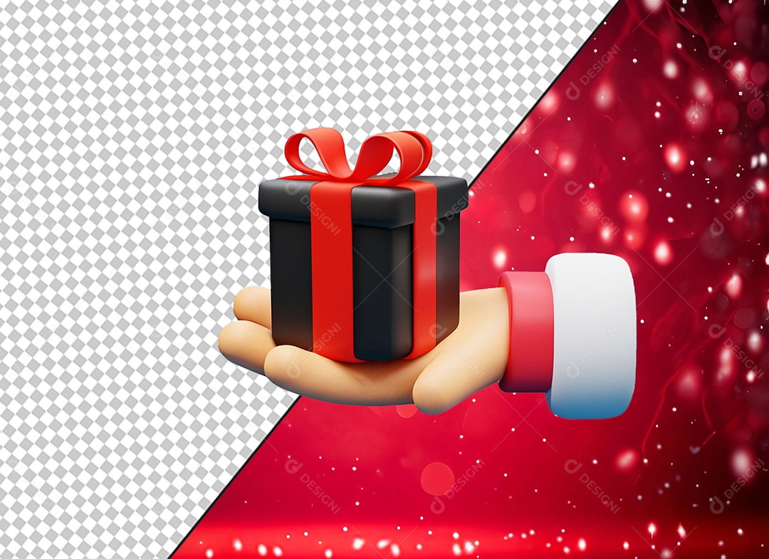 Mão Segurando Caixa de Presente Preta e Vermelha Elemento 3D para Composição PSD