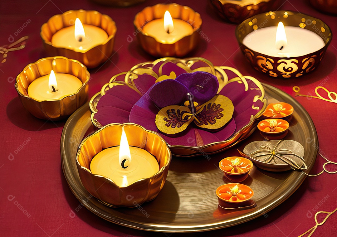 Festival com luzes de velas sobre uma mesa de madeira