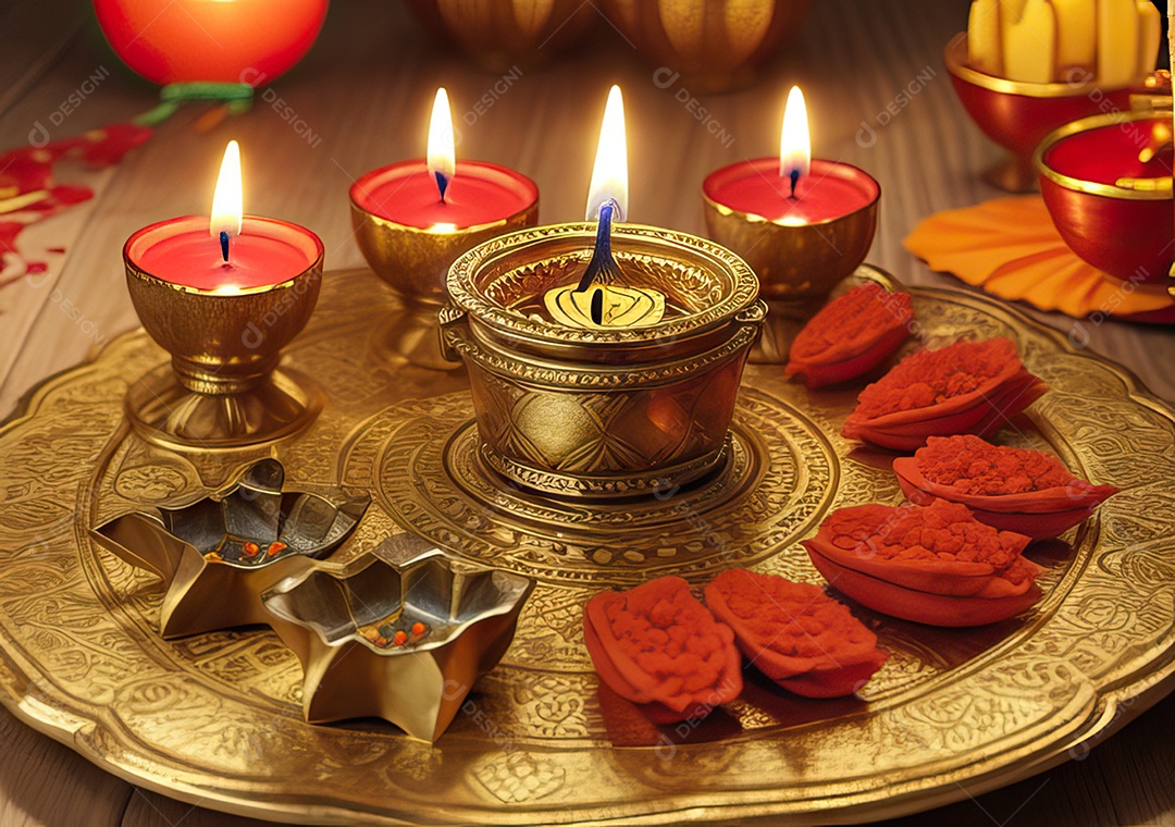 Festival com luzes de velas sobre uma mesa de madeira