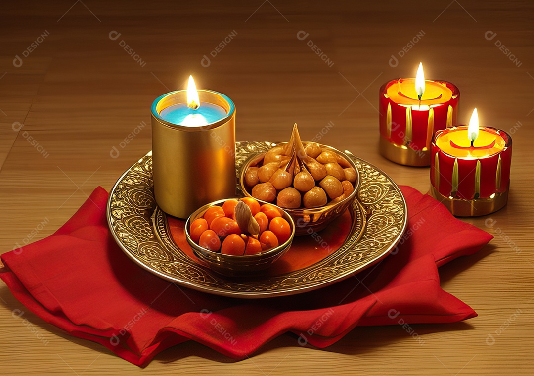 Festival com luzes de velas sobre uma mesa de madeira