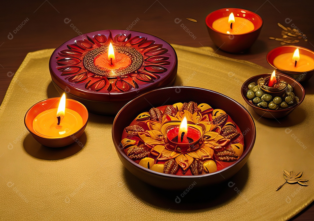 Festival com luzes de velas sobre uma mesa de madeira
