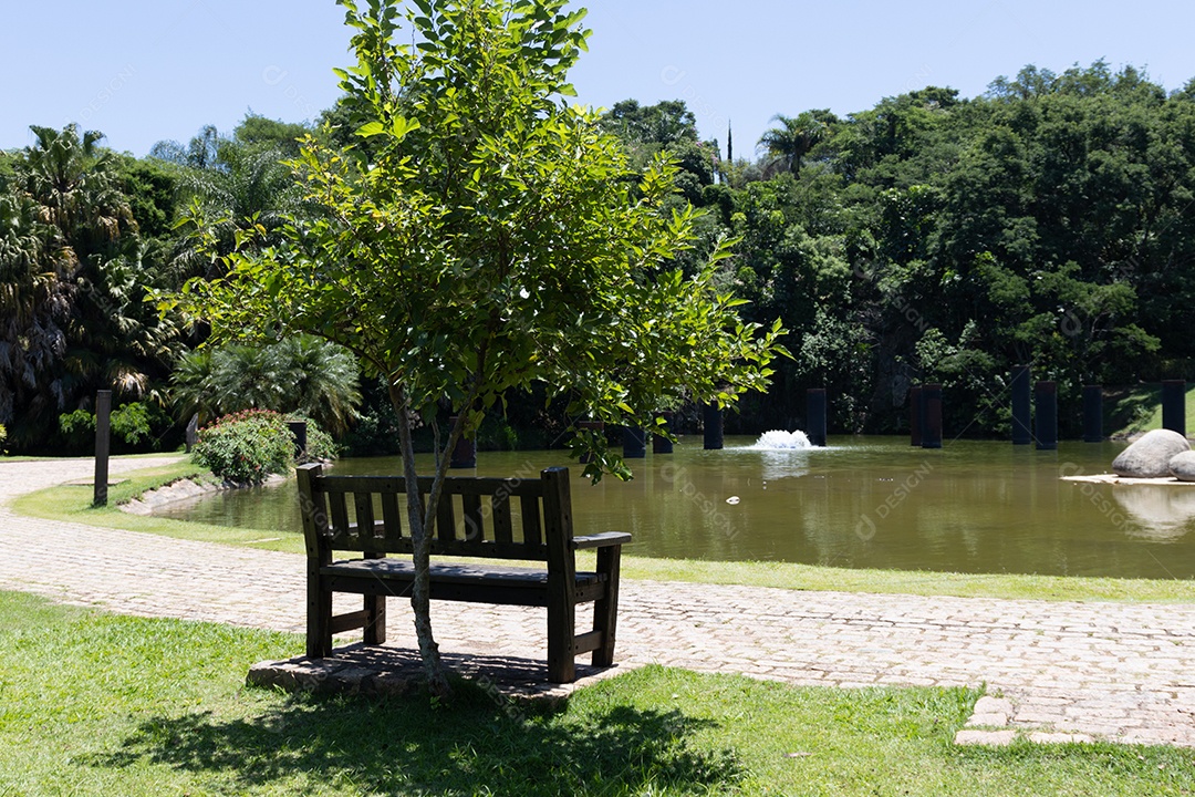 Banco de praça enfrente para o lago.